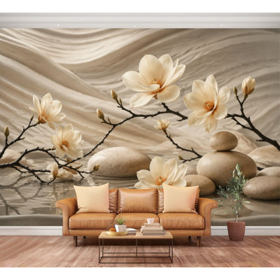 Wall Mural Peel and Stick Wallpaper Elegant White Magnolia Blossoms Smooth zen Stones Water Surface Self-Adhesive Removable Contact Paper Wall Decor for Living Room Bedroom 100"H x 144"W