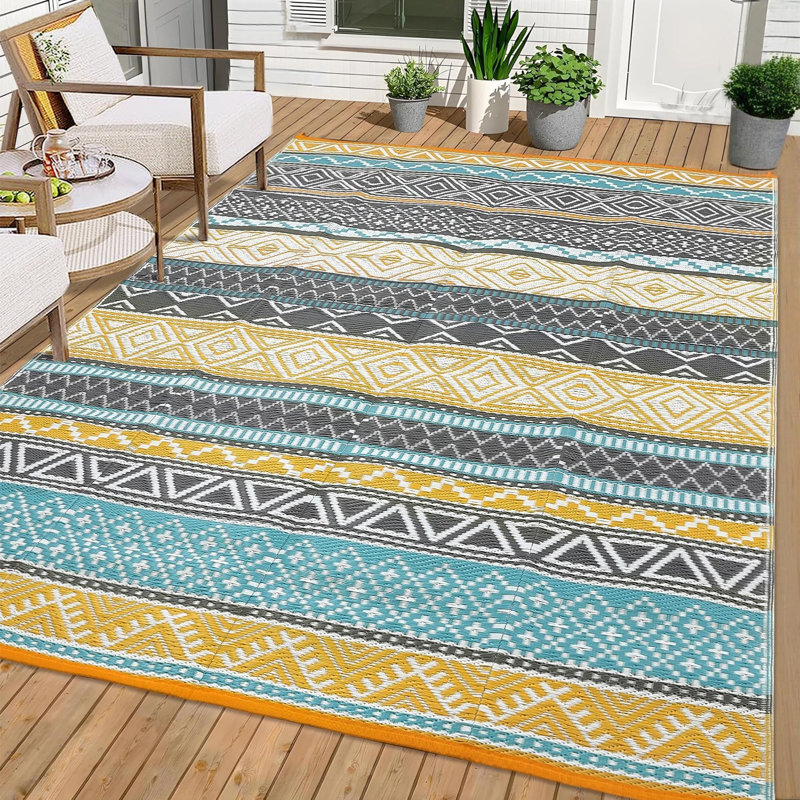 Outdoor Rug 6x9 Plastic Straw Rug Waterproof Reversible Mat Boho Vintage Large Outside Carpet Lightweight Easy Clean Patio Rugs for Outdoors, Backyard, Picnic, Patio, Deck, Yellow Teal
