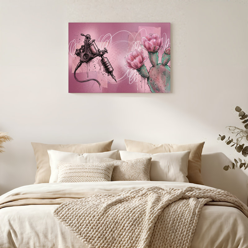 Art mural sur toile "Machine à tatouer noire" et fleur de cactus rose, H 32 po x l 48 po