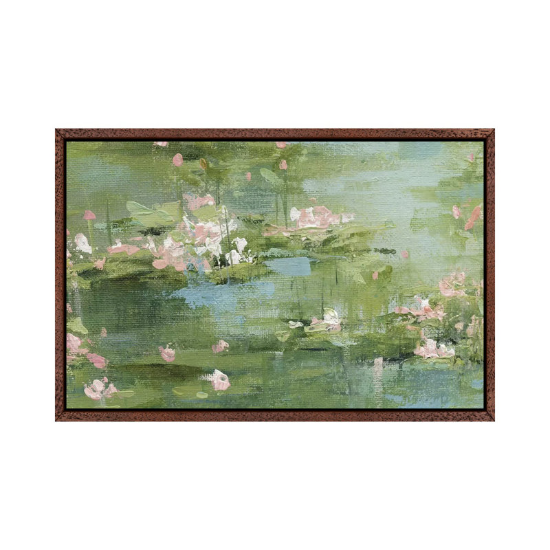 Celadon Waterlillies I by Carol Robinson - Painting on Canvas, 101.6 cm H x 66.04 cm W, Classic Brown Wood Framed
