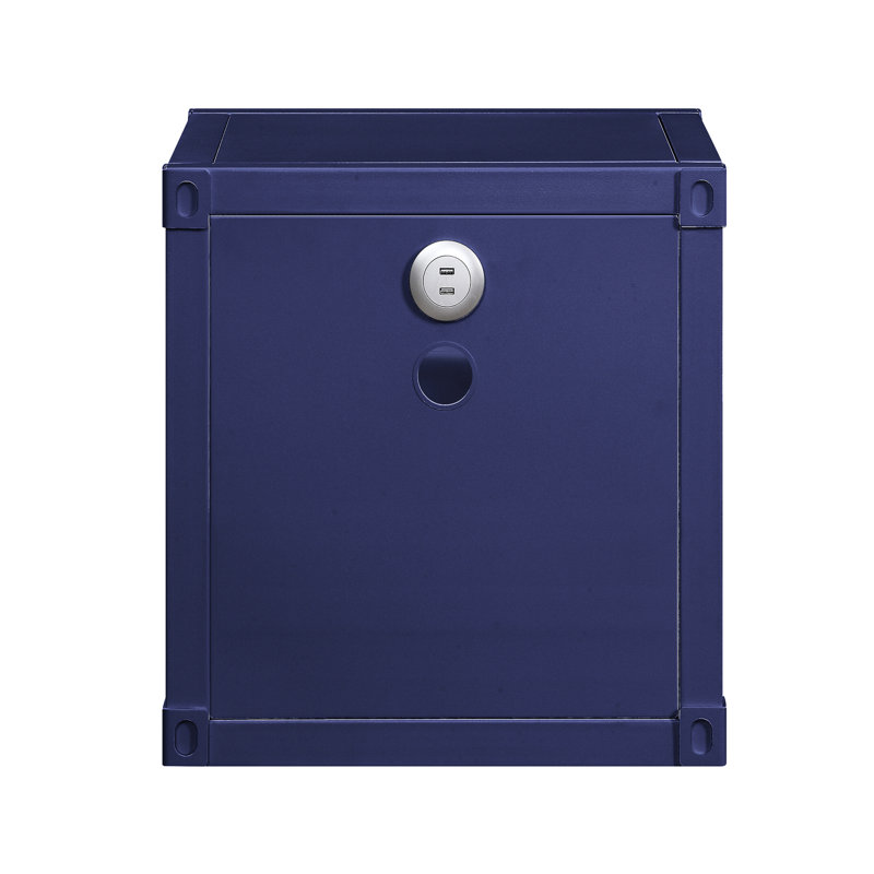 Table de chevet bleue en métal avec tablettes ouvertes