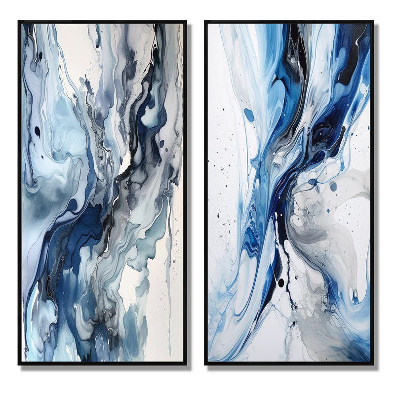 «Blue and Grey Ethereal Elixir II», ensemble d'art mural abstrait de 2 pièces, Cadre noir, H 32 po x l 32 po