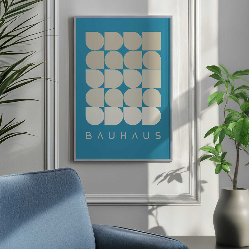 Impression géométrique dans un cadre poli, H 15,25 po x l 12,25 po, Cadre doré brossé, Bauhaus bleu sarcelle et crème