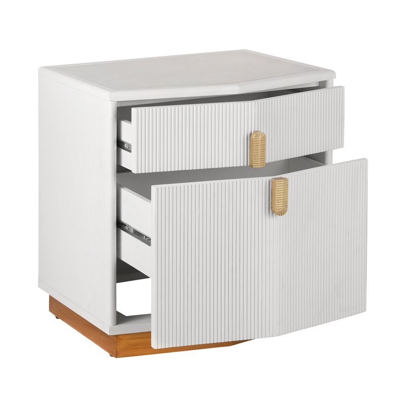 Poole Modern Textured Nightstand With Geometric Top And Dual Storage Drawers, White