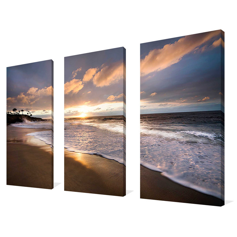 " Sunset Beach " 3 - Pieces Painting Print, 24" H x 36" W x 1" D