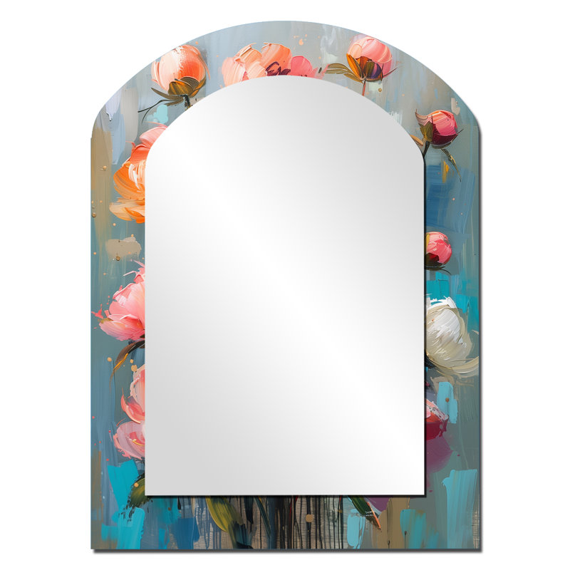 Rose blanc et blanc vibrant pivoines I - miroir décoratif arche pivoines, miroir mural asymétrique traditionnel, impression d'art en métal