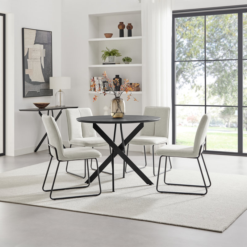 Hadlow Veneer & Metal Round Dining Table With Eubanks Fabric Chairs - Modern Statement Design, 4, Cream