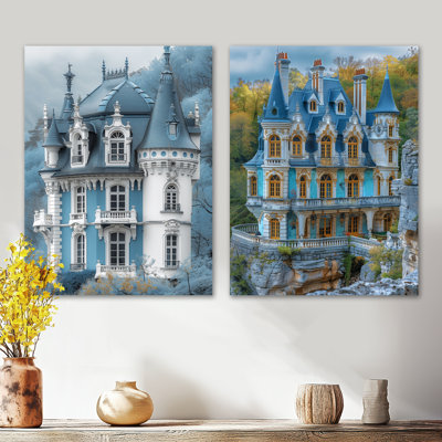 Blanc, bleu, été, Renaissance française, Château I - Château, grande impression d'art mural en métal 2 pièces