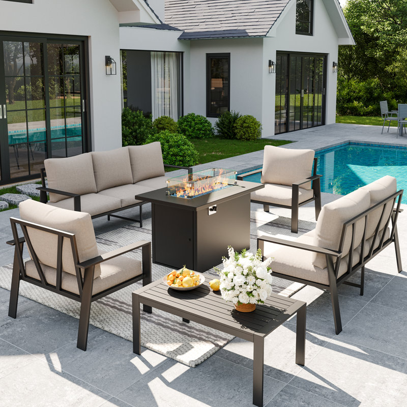 7 Person Outdoor Aluminum Patio Conversation Set with Tables (Fire Pit & Coffee Table), Beige, Yes