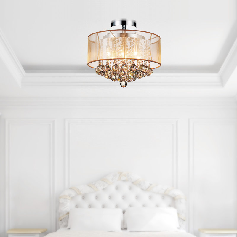 Lustre en cristal 16 lumières encastré 16 pouces - Plafonnier compact avec abat-jour en cristal doré transparent