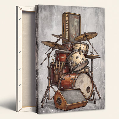 Tableau sur toile représentant une batterie vintage avec amplificateurs et cymbales