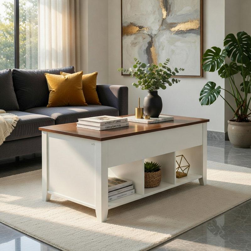 Hommoo Adjustable Height Coffee Table with Hidden Storage Compartment, Walnut & White, Walnut / Walnut & White