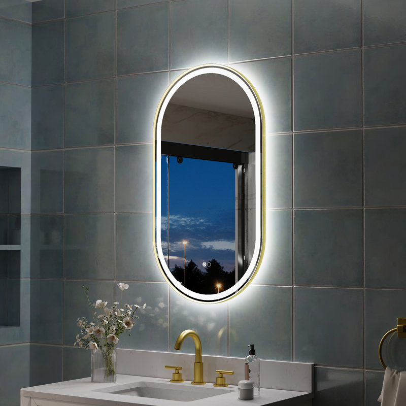 ZC-Mirror  36" H Wall Mounted Bathroom Framed LED Mirror With Memory Function, 36" x 20", Brushed Gold