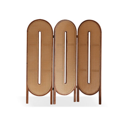 3 Panels Beige + Brown Rattan + Solid Wood Folding Room Divider