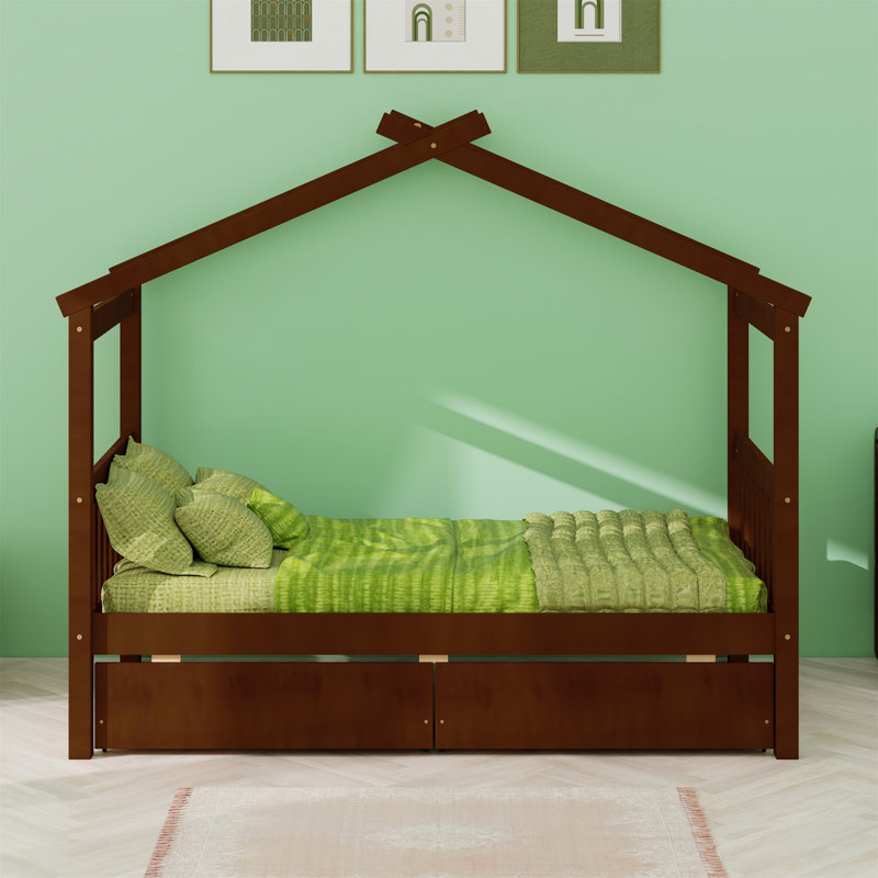 Wooden House Bed With Drawers, Twin, Walnut