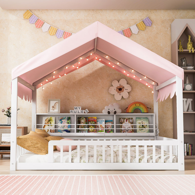 House-Shaped Daybed with Fense,3 Storage Bookshelves,Curtain and LED Light, White+Pink