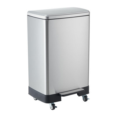 16 Gallon / 60L Stainless Steel Step-On Trash Can with Wheels, Rustproof, Soft-Close Lid & Removable Inner Bucket for Kitchen, Home, Office - Silver