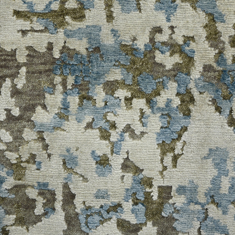 Blue Hand-Knotted Wool and Silk Abstract 8' x 10' Rug