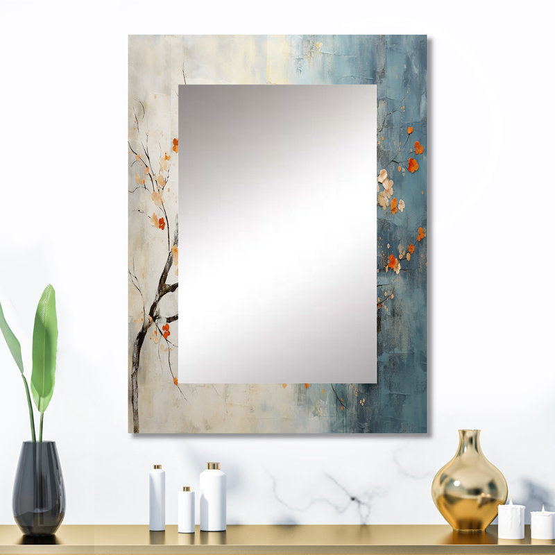 Érable bleu sarcelle orange brillant incandescent V - grand miroir mural en érable, orange unique, reproduction d'art en métal
