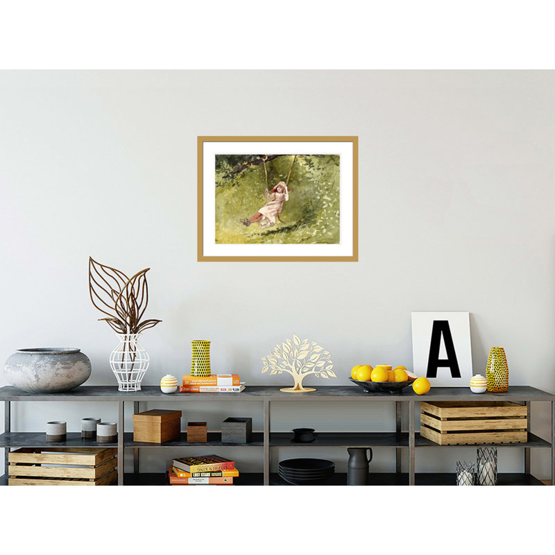 «Girl on a Swing» par Winslow Homer, impression giclée sur cadre, H 22,99 po x l 29,5 po, Jaune / rose pâle