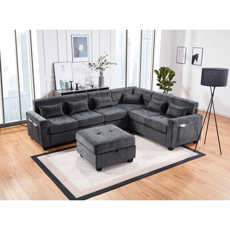 Canapé modulaire en chenille gris avec ports de charge personnalisables, poches latérales, dossier ajustable élégant, coussins, accoudoirs