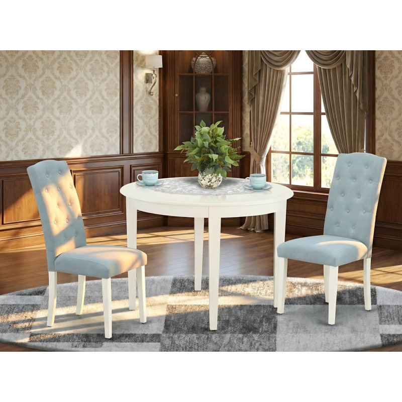 Ensemble de table de salle à manger 3 pièces pour petits espaces comprenant une table de cuisine ronde et 2 chaises de salle à manger Parson en tissu bleu bébé, lin blanc