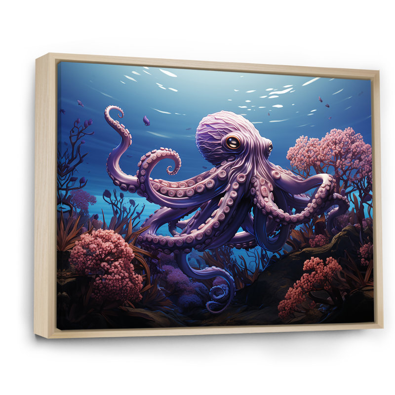 Mauve oasis de pieuvre I - art mural animaux côtiers, Cadre flottant brun, H 30 po x l 40 po x P 1,5 po
