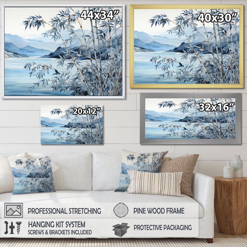 «Blue Bamboo Tranquility 1 - China Art», art mural, Cadre doré à coins fermés, H 24 po x l 32 po x P 1 po