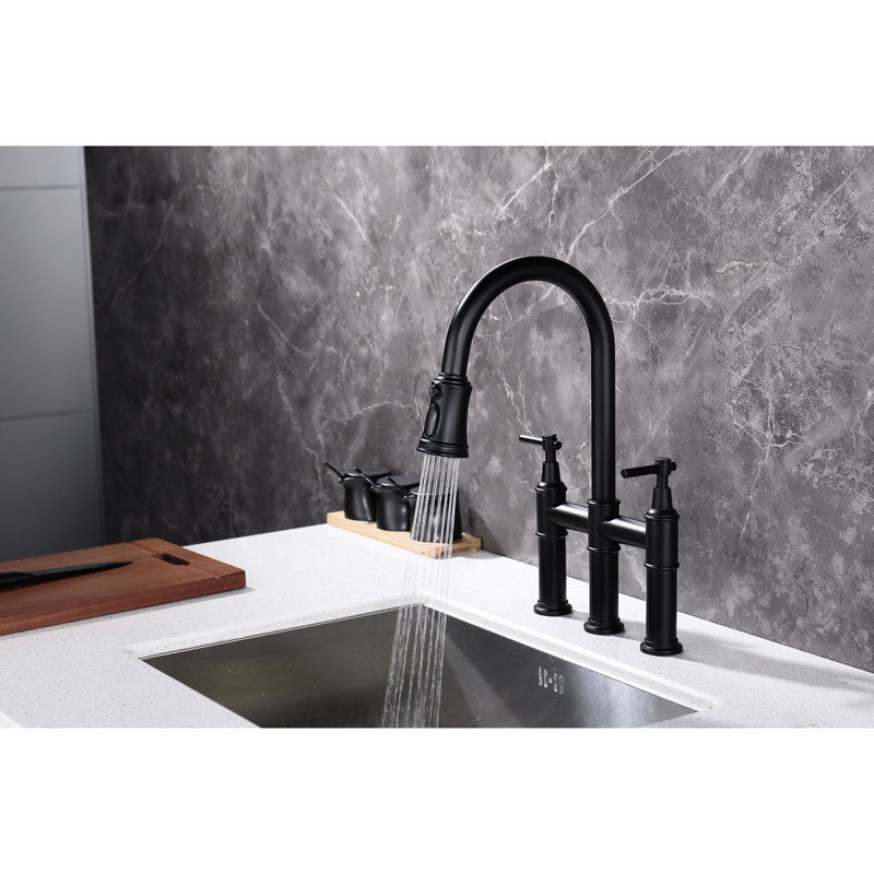 Matte Black Bridge Kitchen Faucet - Pull-Down Spray Feature, Accurate Water Flow & Temperature Adjustment, 360-Degree Rotating Nozzle, Brass Made