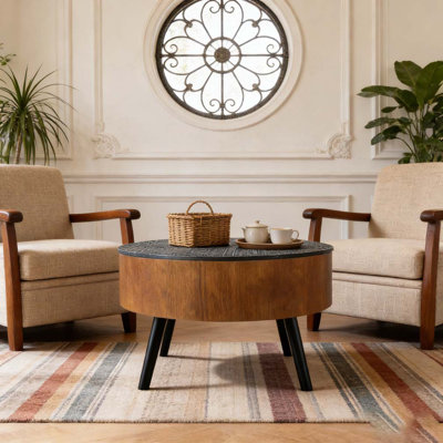 31.5-inch Round Carved Coffee Table with Storage Spac