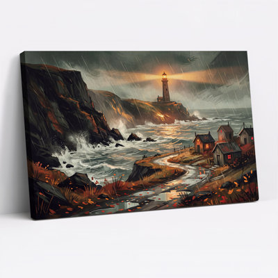 Phare côtier orageux aux fenêtres lumineuses - Décoration murale sur toile pour l'Halloween