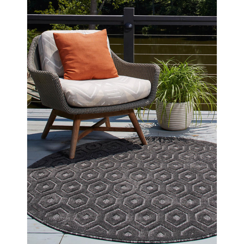 Tapis intérieur / extérieur gris anthracite Grindstaff, Rond 5 pi 3 po