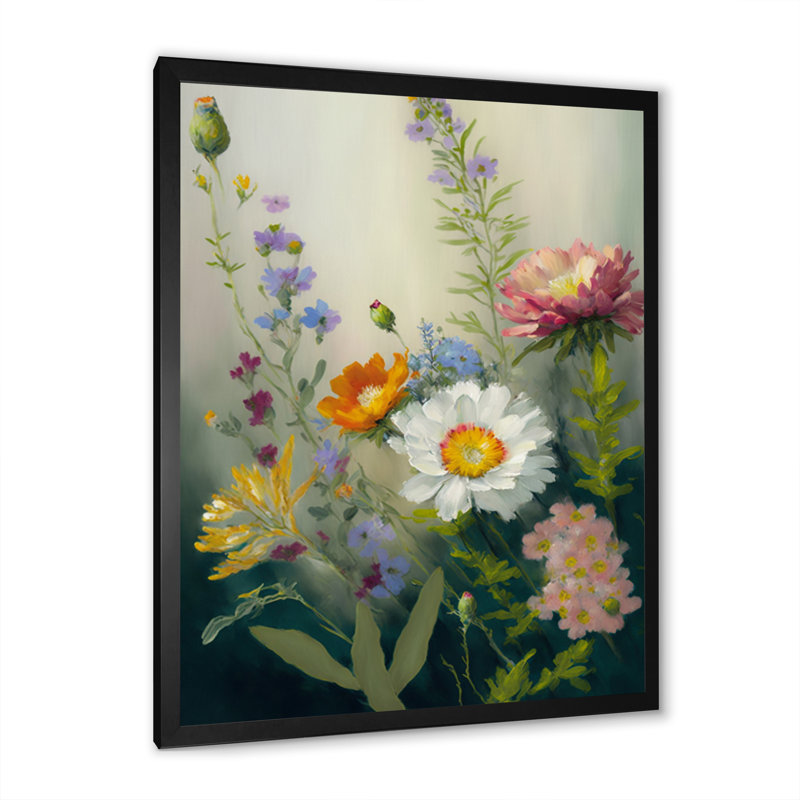 «Painted Blossoming Wildflowers VI», art mural floral, Cadre photo noir, H 32 po x l 16 po x P 1 po