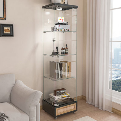 Vitrine moderne en verre avec lumières DEL, tablettes en verre trempé à 4 niveaux et tiroir sécuritaire pour un rangement élégant.