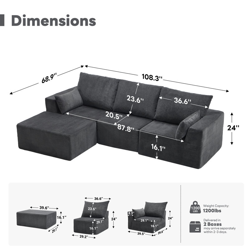 Canapé modulaire en velours côtelé modulaire Boneless, Gris chenille
