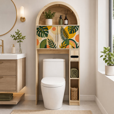 Armoire de rangement au-dessus de la toilette, tablette de rangement de salle de bain autoportante de 67,7 po de hauteur avec un coin ouvert arqué, portes à imprimé tropical bohémien, tiroir latéral et tablettes ouvertes, support de rangement compact