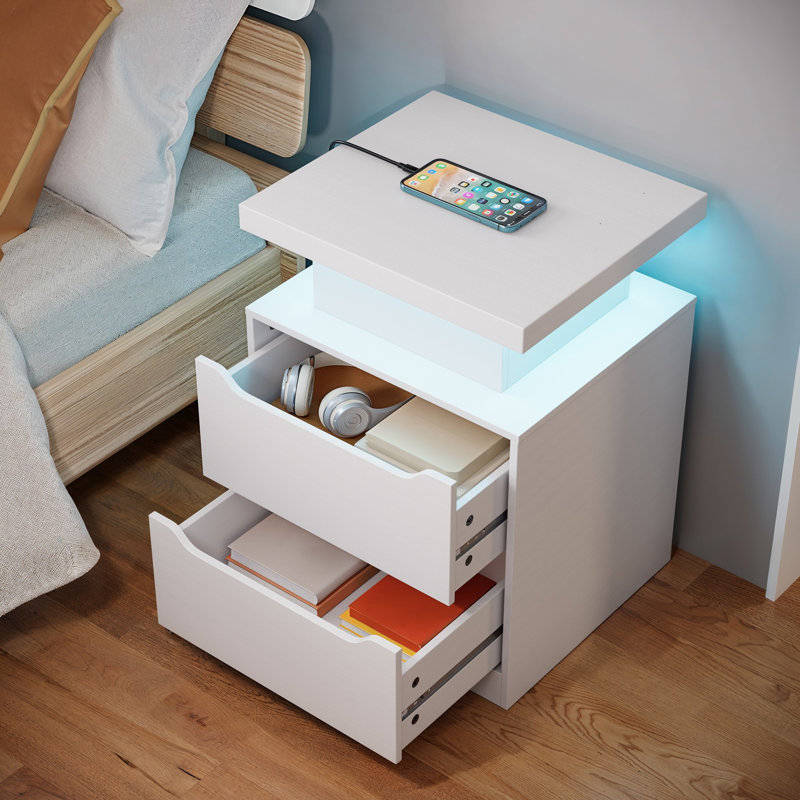 17.1''W 2-Drawer Nightstands with RGB LED Lights and Built-in Charging Station, White