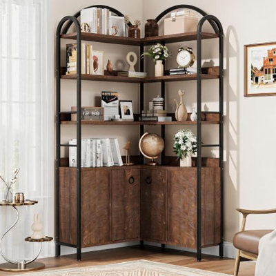 Bibliothèque d'angle en L à 6 niveaux, 188 cm de hauteur, avec portes et étagères ouvertes, style industriel rustique en bois et métal, pieds réglables et système anti-basculement, idéale pour le bureau ou le salon, couleur marron.