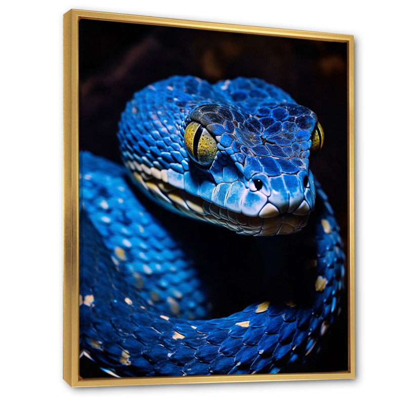 Portrait d'un serpent vipère bleu sur toile, H 32 po x l 16 po x P 1 po, Cadre flottant doré