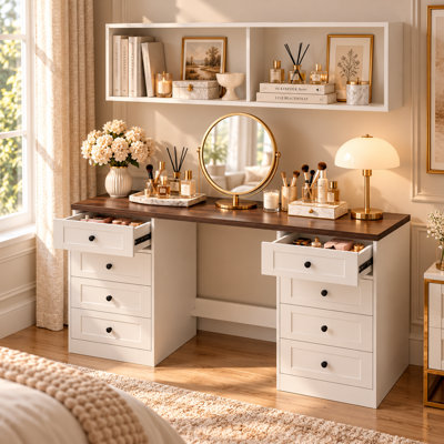 Ensemble de coiffeuse maquillage avec tablettes murales et bureau à 8 tiroirs | Rangement, espace de travail et style