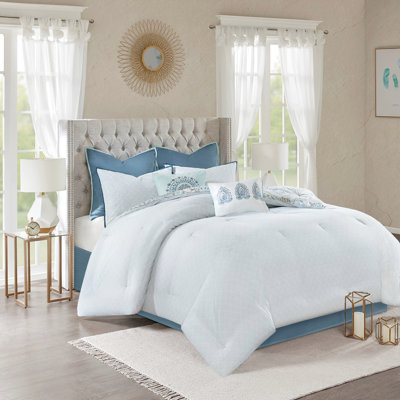 Couette King 8 pièces bleue - Garnissage, pièces en coton imprimé réversibles, coussins décoratifs