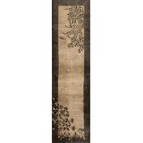 Neutral Cream and Gray Antique Minimalist Chinese Deco Hallway Runner Rug