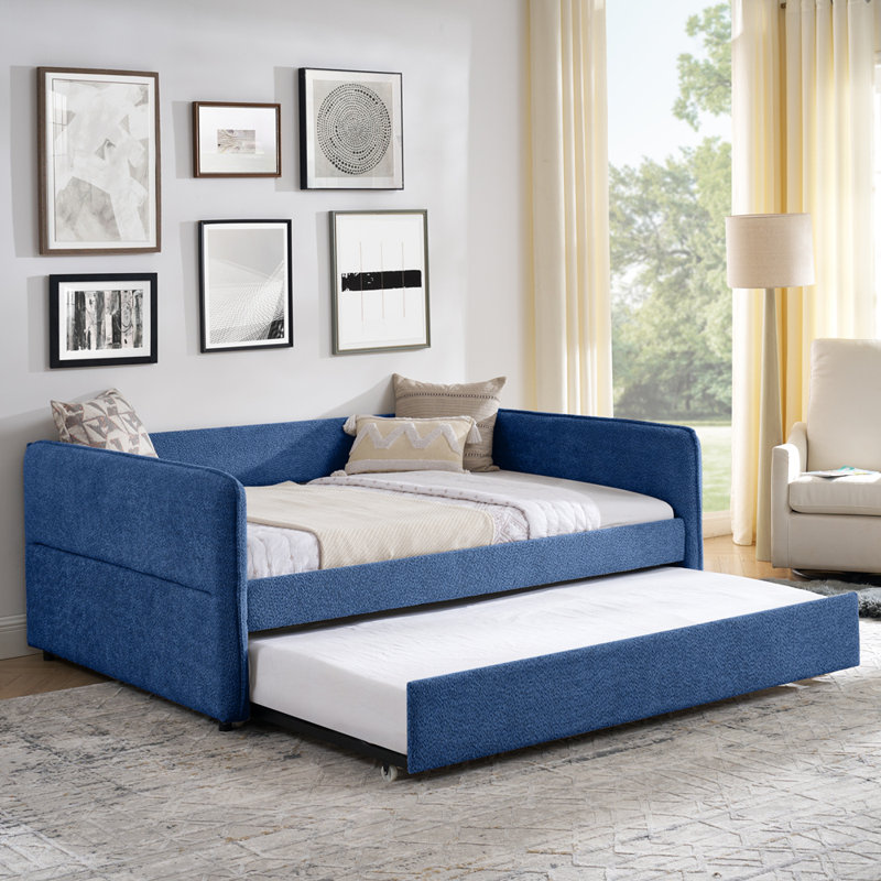 Full Size Daybed with Twin Size Pop-up Trundle Upholstered Tufted Sofa Bed, Blue