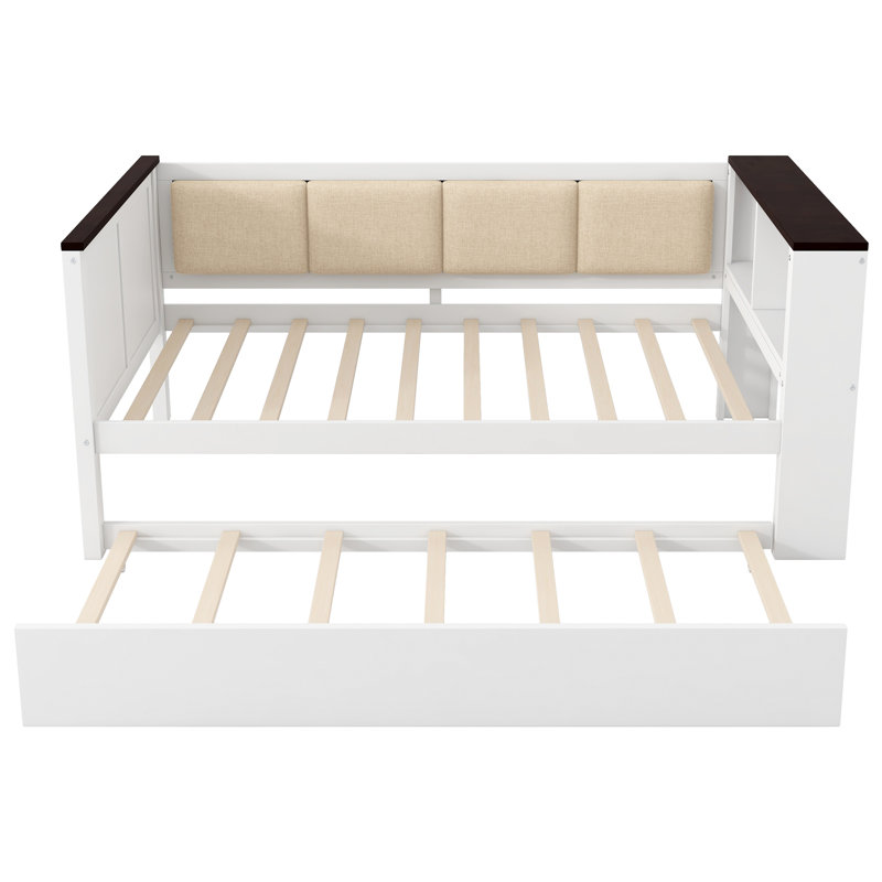 Lit de jour en bois avec tablettes de rangement, dossier rembourré, USB et lit gigogne, blanc, Simple