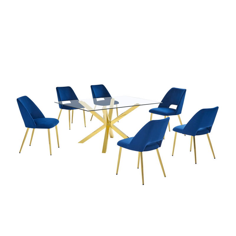 Ensemble de salle à manger rectangulaire en verre 63 po x 39 po avec chaises d'appoint en velours et base dorée, 7, Bleu