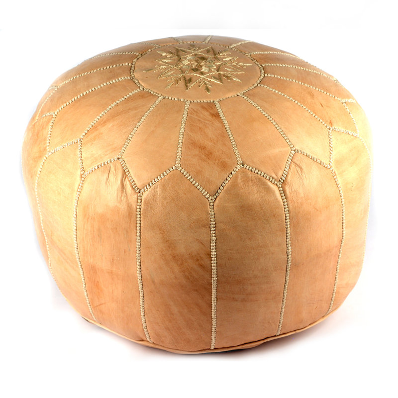 Upholstered Pouf, Morrocan Leather Natural, Natural