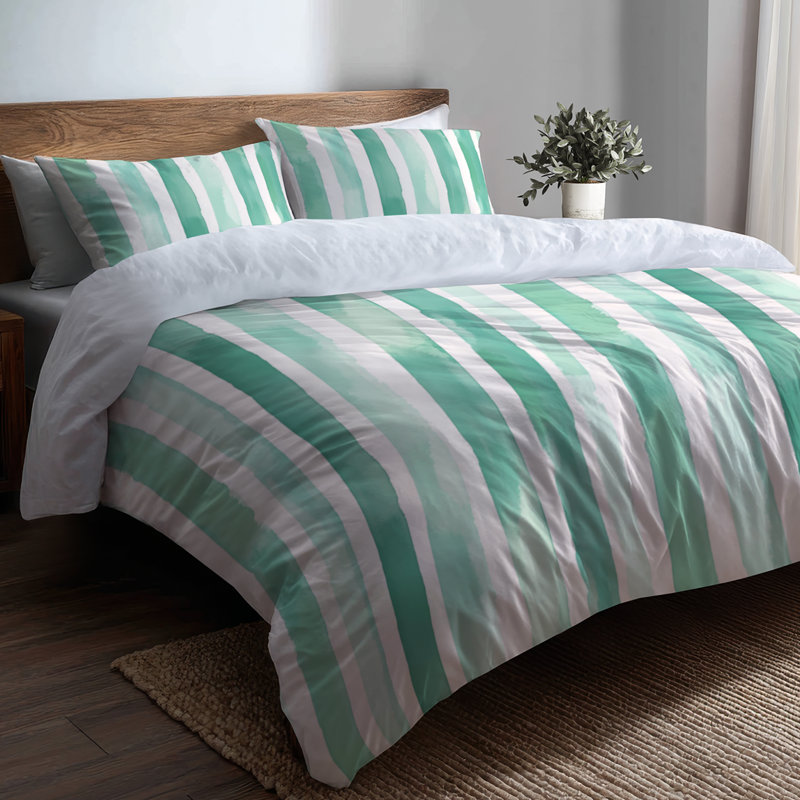 Ensemble de literie à rayures 3 pièces - Ensemble de housse de couette et de coussin décoratif Coastal Mint Breeze