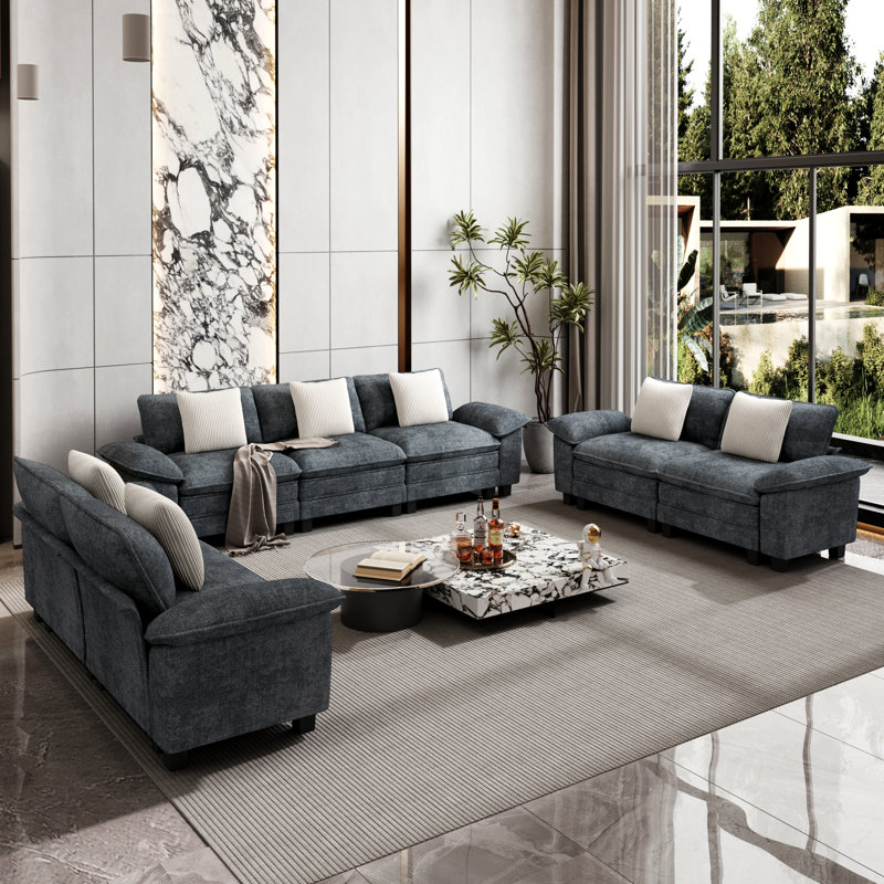 Ensemble de salon rembourré 3 pièces avec causeuse et canapé - canapé modulaire surdimensionné en chenille