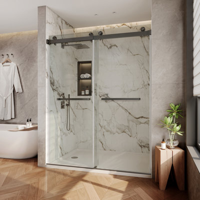 Sola 62"-67" W X 76 H Frameless Double Sliding Shower Door In Gunmetal With 3/8"(10mm) SGCC Certified Clear Tempered Glass, 2 Towel Bars