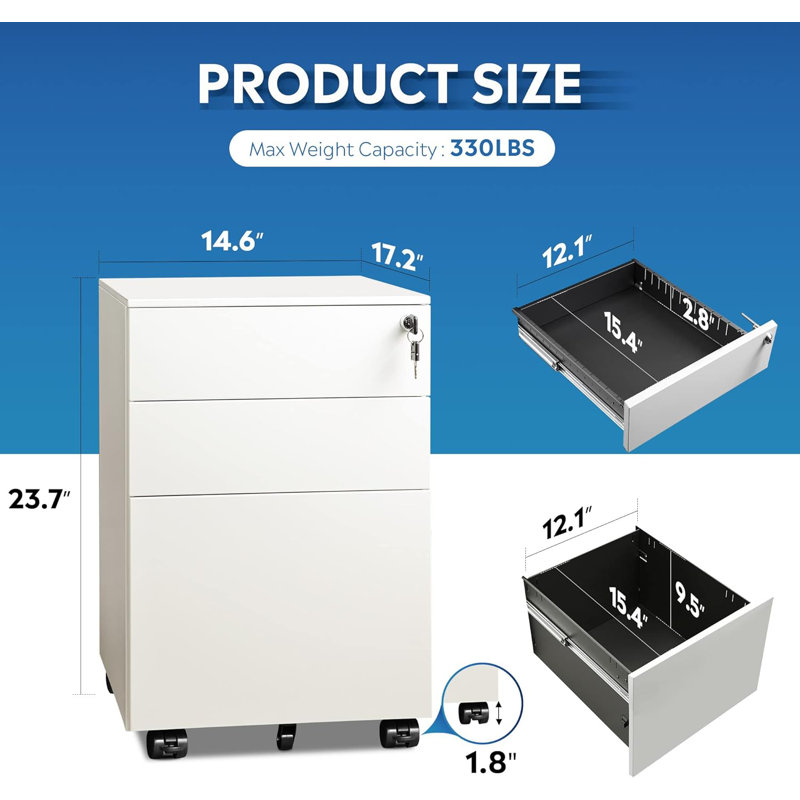 Locking 3 Drawer Rolling File Cabinet, Fully Assembled Except Casters, White